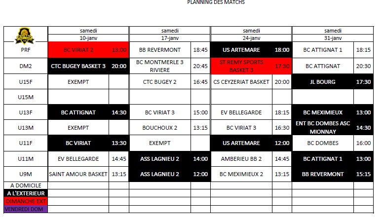 Planning des rencontres jusqu'à la fin de saison
